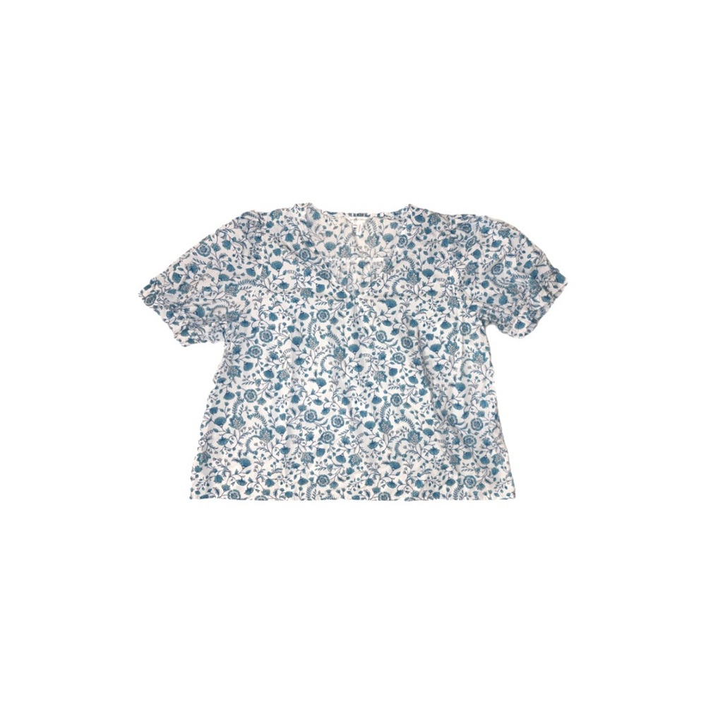 Draper James Blue Paisley Puff Sleeve Heidi V Neck 100% Cotton Top - Size XXL
